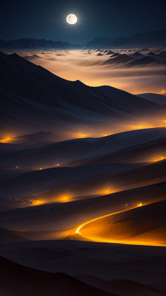 Sandstorm，Qinghai，night，Hill pack，moon，Light，Spectacular，Shock。