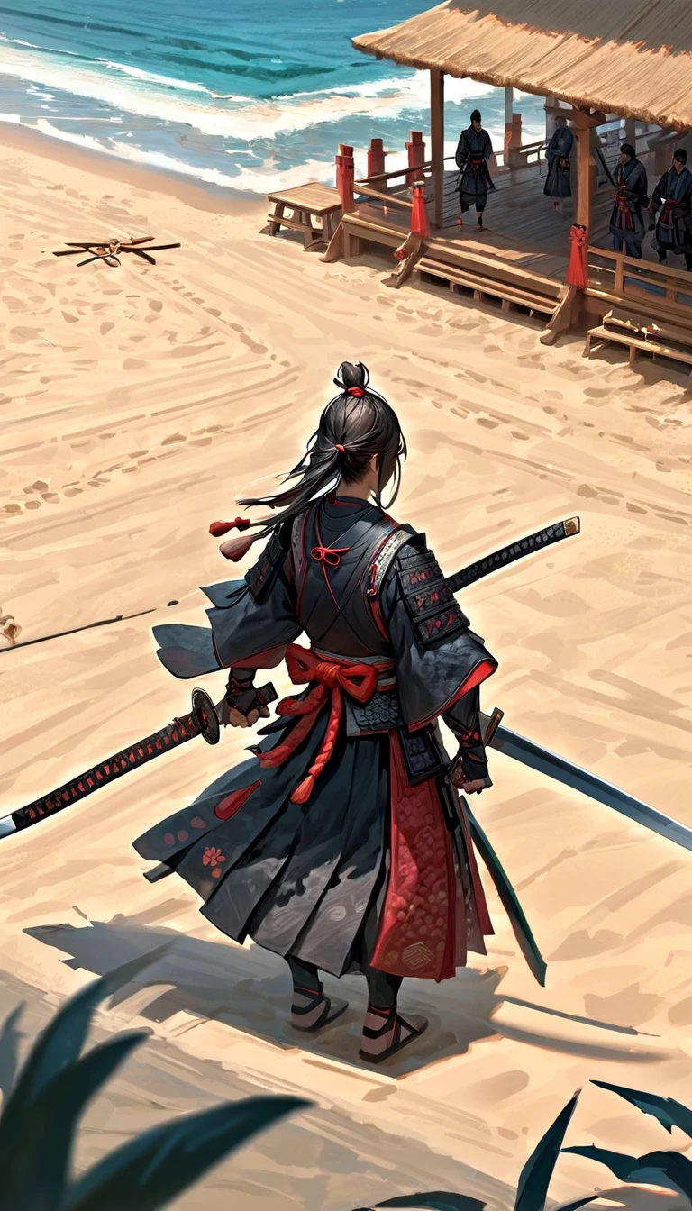 「A scene of a samurai carving a sword out of wood on the beach。The wooden sword is simple, but is crafted to be usable in combat.。」