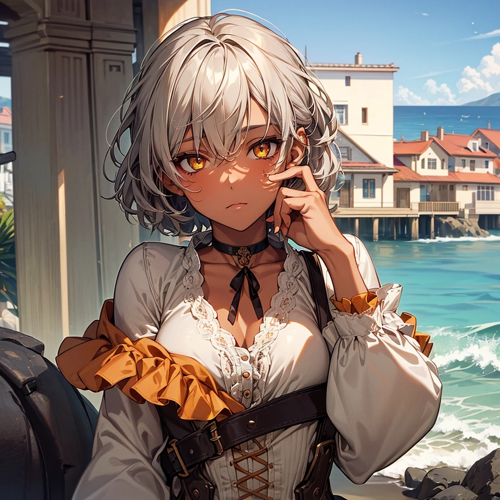 masterpiece, Highest quality, Perfect Face, Highest Resolution, Highest quality,Detailed depiction of the eyes, 1 girl, young, dark tan skin, slate gray hair, short hair, upturned eyes, Yellow Orange eyes, Perfect Anatomy, ribbon choker, Seaside house, 8k,steampunk