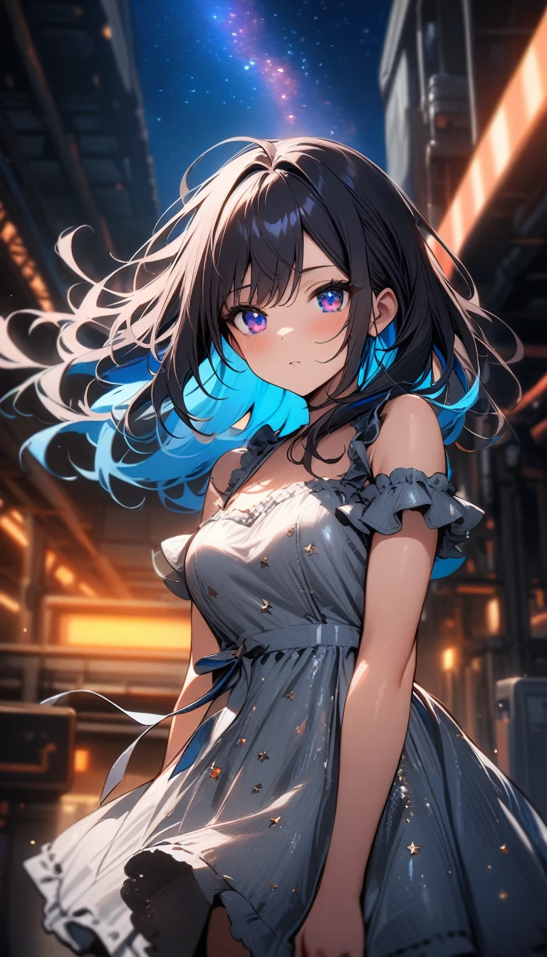 ((best quality)) , ((masterpiece)) , (detailed),Color splash, (((1girl))) , wearing Shabby Chic Wrap dress, has metallic plating, Colored hair, ((Fossil fuel power station)) in background,
stars in the eyes, messy floating hair, colored inner hair, Starry sky adorns hair, depth of field