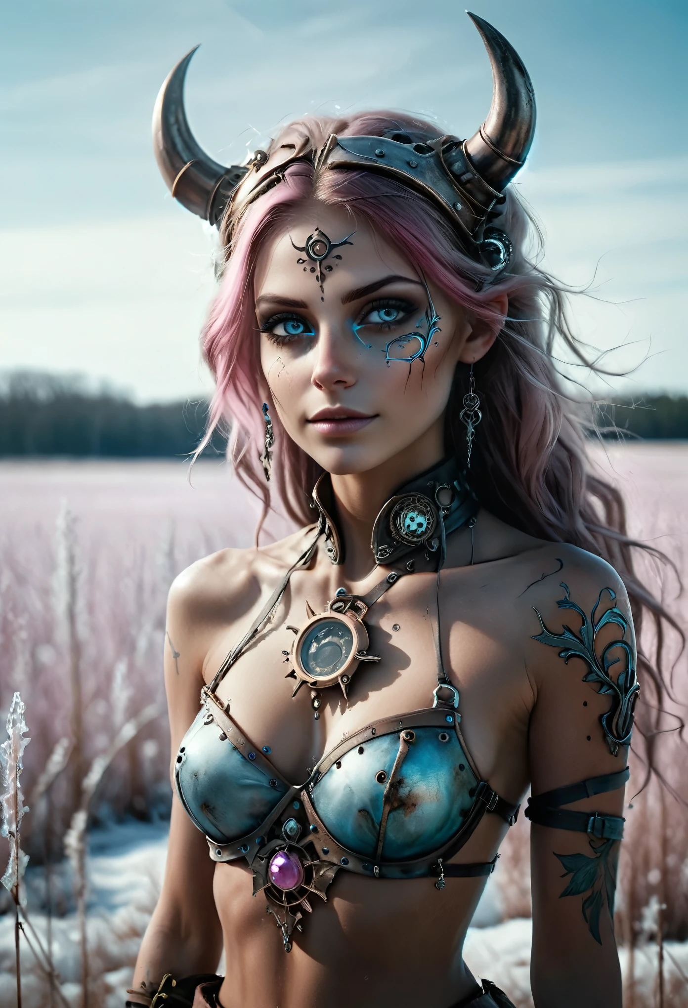 photo shot on Nikon D850, 16k, middle shot, masterpiece, Detailed, breathtaking, atmospheric perspective, diffusion, natural skin texture, DSLR, 80mm Sigma f2, depth of field, film grain, intricate natural lighting,  beautiful steampunk demon with icy blue and white lighting standing in icy field, topless, light grey and pink, energy-filled illustrations, extremely sexy, detailed face and eyes, no makeup, little smiling, highly detailed, dark fantasy aura,  faded colours. 