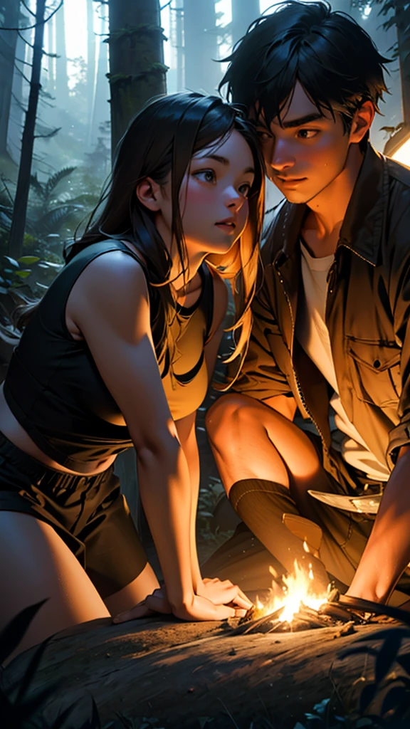 a couple at a camping drunken night party in the forest above the hills, girl wearing short clothes with big hips, detailed face and body, ultra-realistic, cinematic lighting, wide angle visible area