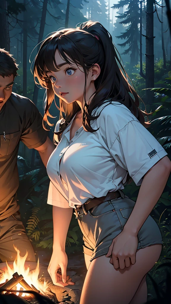 a couple at a camping drunken night party in the forest above the hills, girl wearing short clothes with big hips, detailed face and body, ultra-realistic, cinematic lighting, wide angle visible area