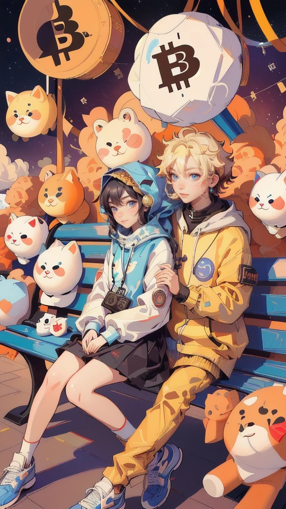 there is a girl that is sitting on a bench with bitcoins, satoshi, bitcoin evil, 🚀🚀🚀, crypto, 3 0, bitcoin, cryptocurrency, (((luke chueh))), ripple, doge, official fanart, 3 1, official artwork, daoshi, satoshi con, this is fine, official art, baars, sad, 🔞🤡