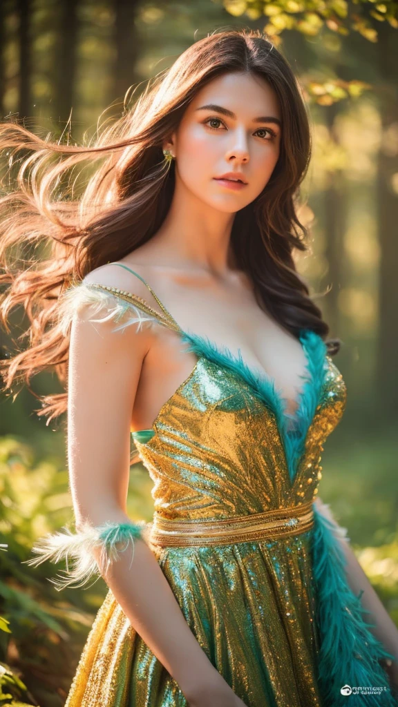 Delicate, Glowing feathers, Surrounded by shiny things, Magical Creatures of the Enchanted Forest Scattering beneath the Skin Surface, Glowing Skin, Rainbow Dress, Detailed Background, ([Elizabeth Olsen|Anne Hathaway|Selena Gomez]:0.8), Round and cute face, Green Eyes, close, Incredible detail, Nikon D850 film stock photos Kodak Portra 400 camera f1.6 Lenses, Rich colors, Realistic texture, Dramatic lighting, Unreal Engine, Trending on Art Station, Cinestill 800 Tungsten