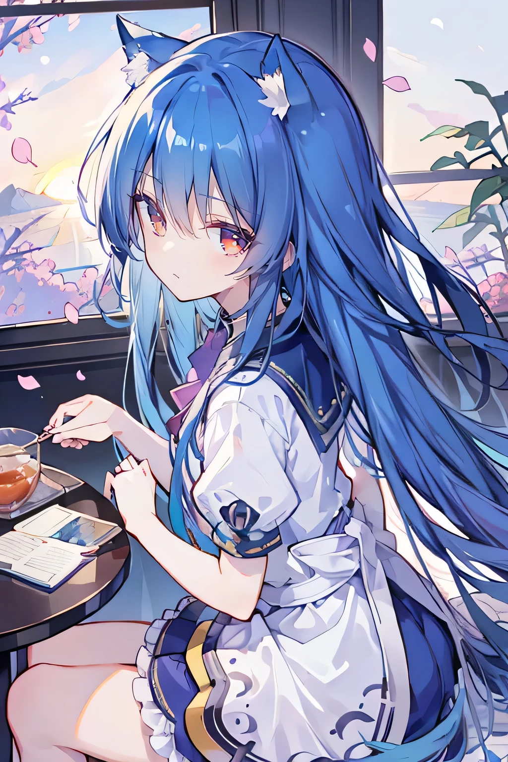 (masterpiece:1.2),Super detailed,lifelike,Expressive eyes,fair skin,perfect face shape,1 girl,
Japanese comics,Gorgeous blue hair,flowing blue hair,flowing clothes,Cat ears,Petals fall,beautiful lola,Baby Angel,
Shaking head with one hand,Cross your legs,,The pavilion is cool and comfortable,smile,back views,sunrise,Petals fall,sunrise,sitting on window sill drinking coffee and looking out the window。