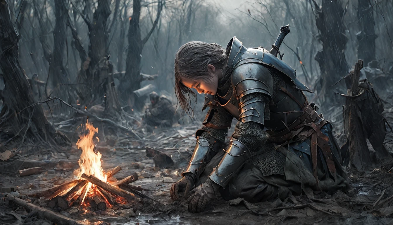 night,bonfire,campsite,Collapsed hut, Cooking stove, A small number of troops, middle ages European cities, きれいな女knight, High quality face, Few friends, ,Waiting for the return , Praying in the rain , A poignant atmosphere, Lost Beauty,Melancholic mood, Fascinating, Eternal Sadness, Contrasting, Delicate Decay,Line art,,knight,Blue Blood, Mud and Blood , Both fingers5Book, Woman warrior,A heartbreaking war story,Field