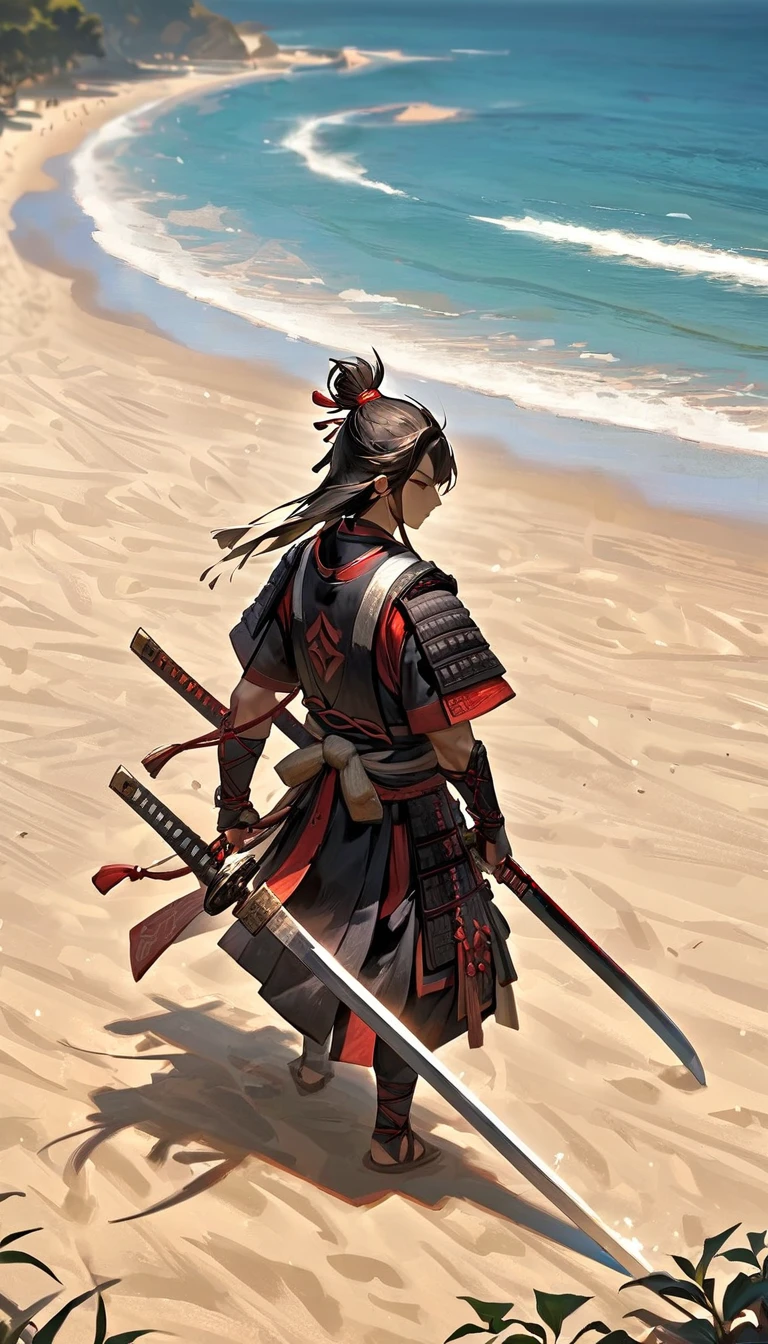 「A scene of a samurai carving a sword out of wood on the beach。The wooden sword is simple, but is crafted to be usable in combat.。」