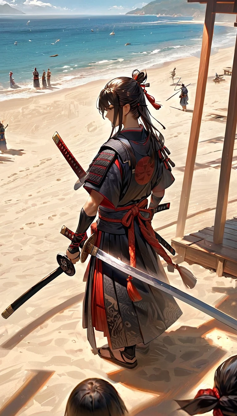 「A scene of a samurai carving a sword out of wood on the beach。The wooden sword is simple, but is crafted to be usable in combat.。」