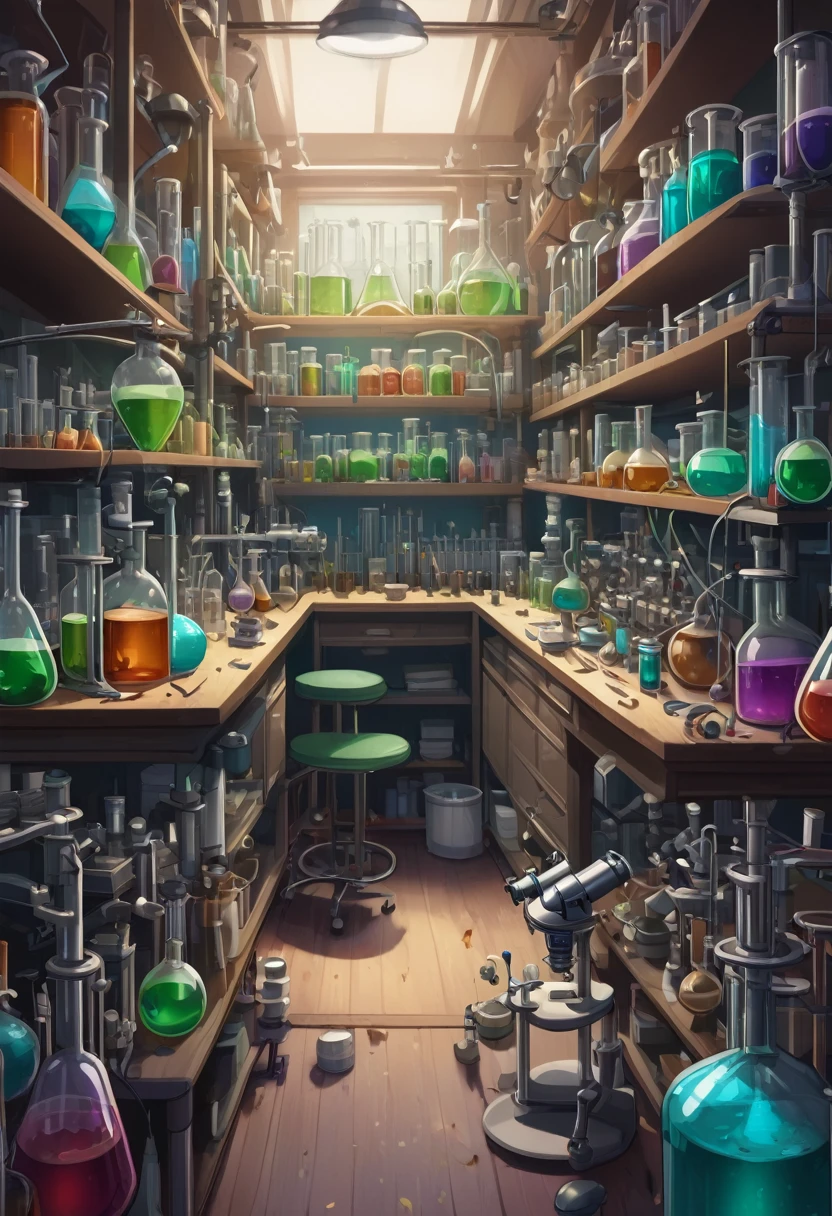 A cluttered laboratory with shelves of beakers, test tubes, and microscopes, all used to create groundbreaking medical devices and treatments.