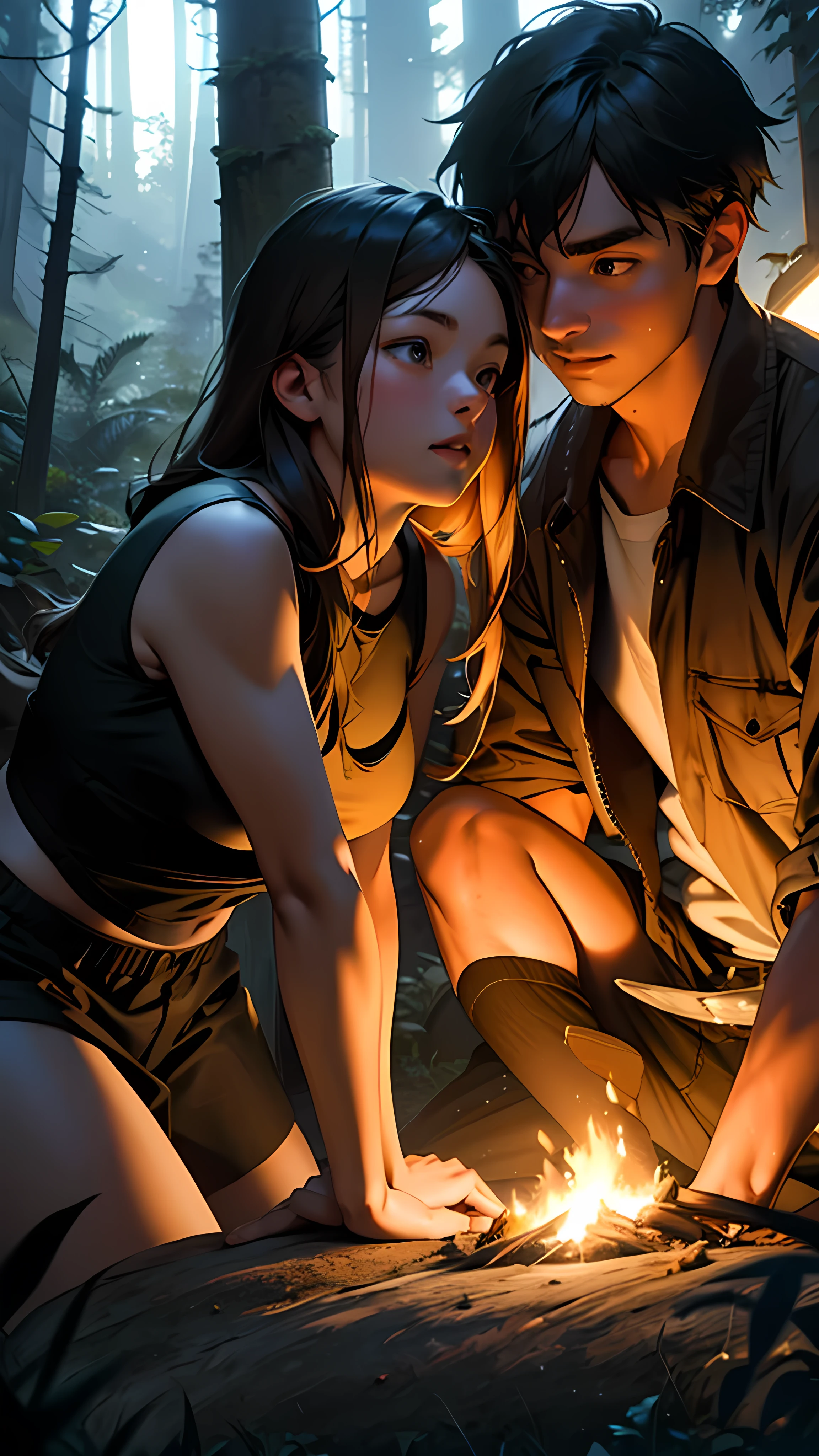 a couple at a camping drunken night party in the forest above the hills, girl wearing short clothes with big hips, detailed face and body, ultra-realistic, cinematic lighting, wide angle visible area