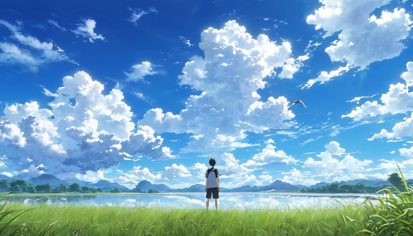 anime, anime landscape, Man watching the clouds, In the grassland, creative, Realist, White cloud, blue sky, Wonderful landscape, Man looking away from the camera, Wide Photography, Realistic grass, Flying Bird. The middle lake, The sky is reflected in the lake, student、youth、Hot summer sky、Raising his fist