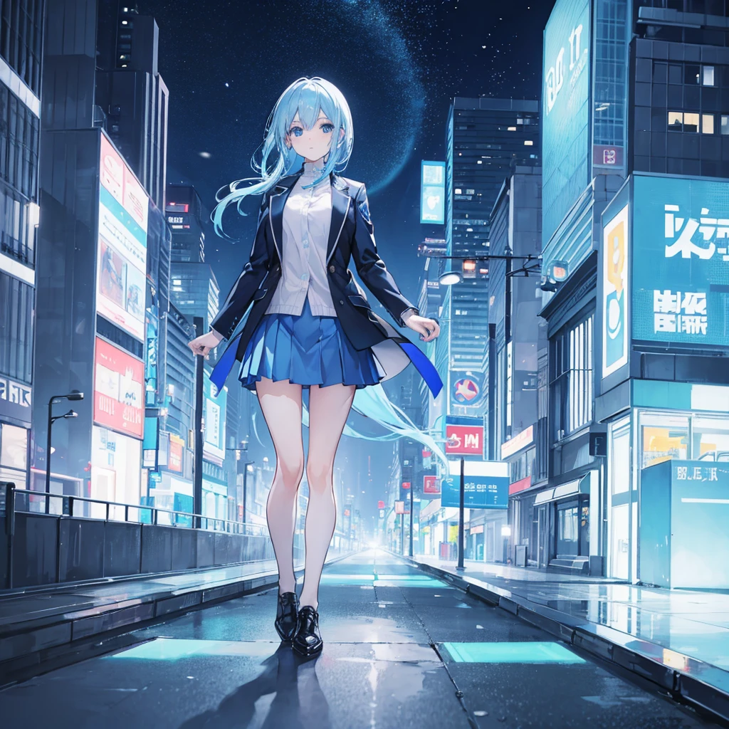 1 woman,light blue hair,blue eyes,blue clothes, looking at viewer,full body photo, night city background