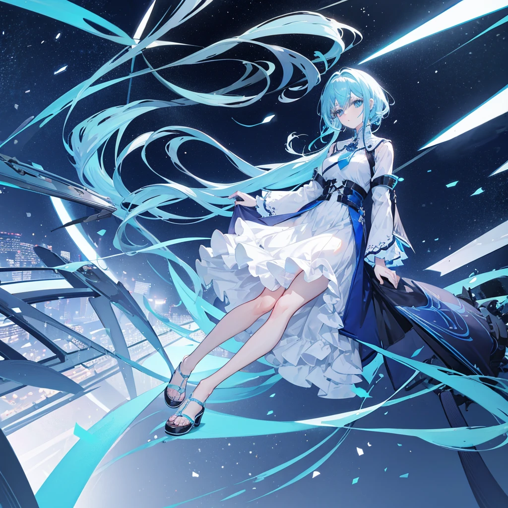 1 woman,light blue hair,blue eyes,blue clothes, looking at viewer,full body photo, night city background