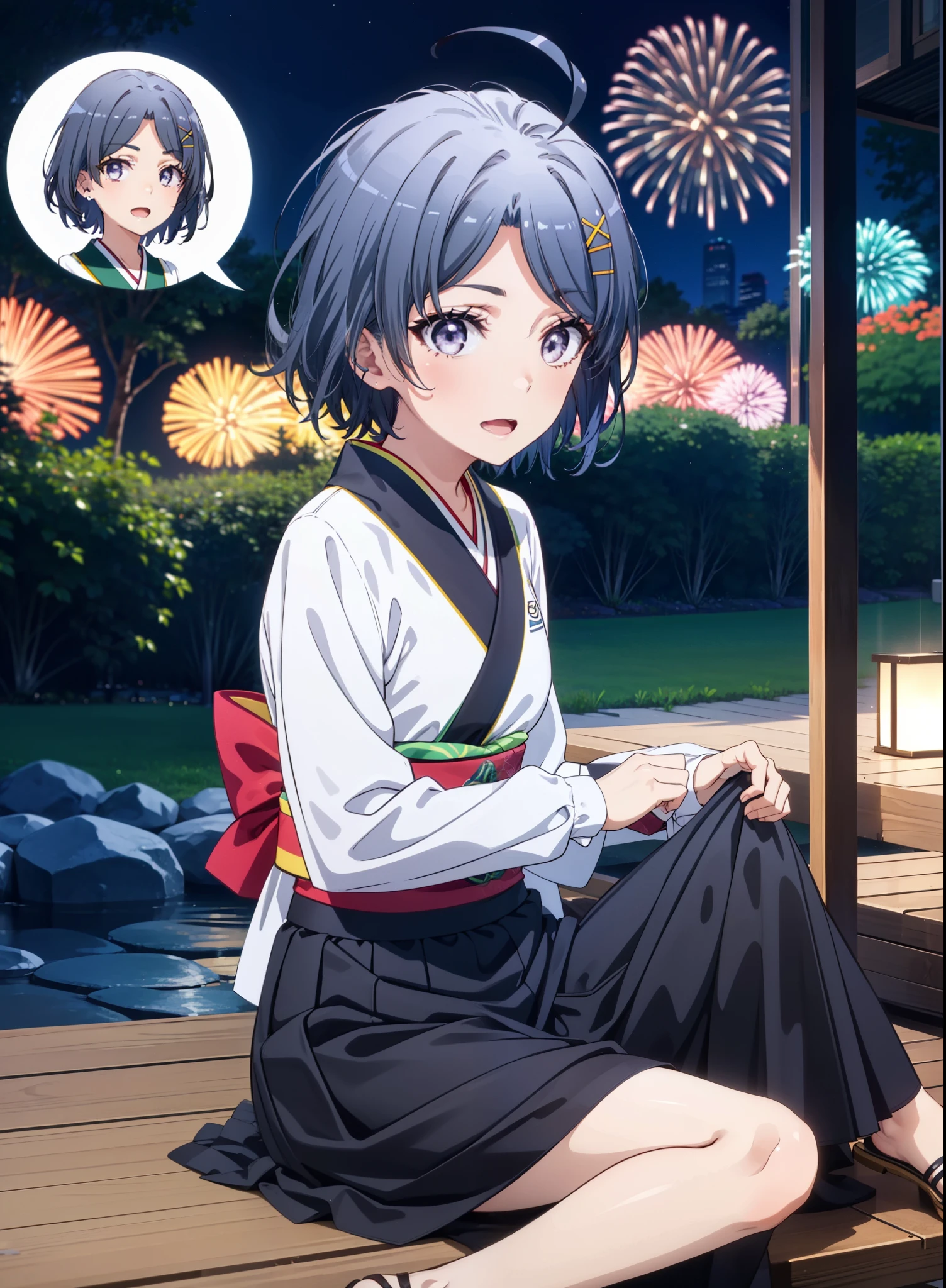 komachihikigaya, komachi hikigaya, short hair, Black Hair, hair ornaments, Ahoge, Hair Clip, x hair ornaments, (Purple eyes:1.1), tooth, smile, Open your mouth, black kimono,Black long skirt,Sandals,Sitting on a bench,Fireworks in the night sky,Fireworks,The place is a fireworks display,Time is night,sunny day,turn around,whole bodyがイラストに入るように,
break outdoors,Veranda,Japanese Garden,
break looking at viewer,whole body,(Cowboy Shot:1. 5),
break (masterpiece:1.2), Highest quality, High resolution, unity 8k wallpaper, (figure:0.8), (Beautiful attention to detail:1.6), Highly detailed face, Perfect lighting, Highly detailed CG, (Perfect hands, Perfect Anatomy),