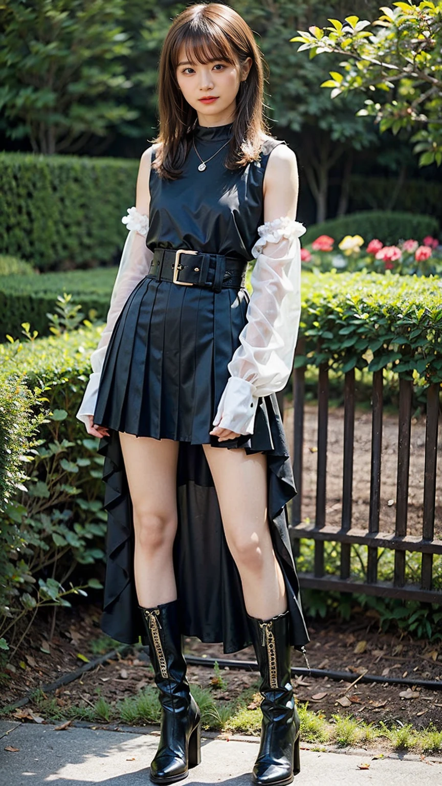 (8k、RAW Photos、Highest quality、masterpiece:1.2)、(Realistic、Realistic)、1 Girl、((Black see-through dresini skirt、garden、Exposed Skin、whole body、boots、View from the front、Looking at the camera、Stand with hands on hips))、cute