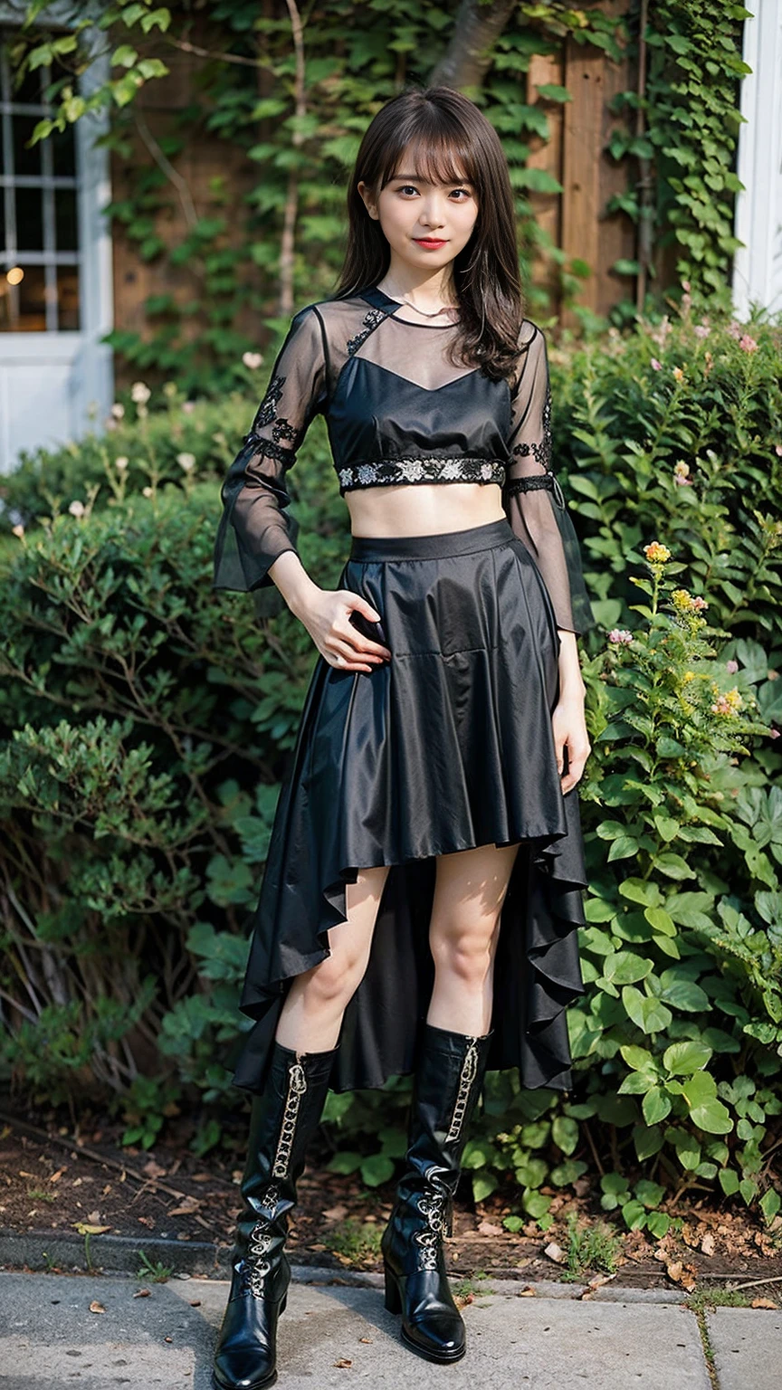 (8k、RAW Photos、Highest quality、masterpiece:1.2)、(Realistic、Realistic)、1 Girl、((Black see-through dresini skirt、garden、Exposed Skin、whole body、boots、View from the front、Looking at the camera、Stand with hands on hips))、cute