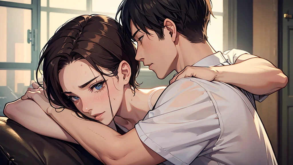 Sweaty sexy short-haired man and woman embracing each other。
