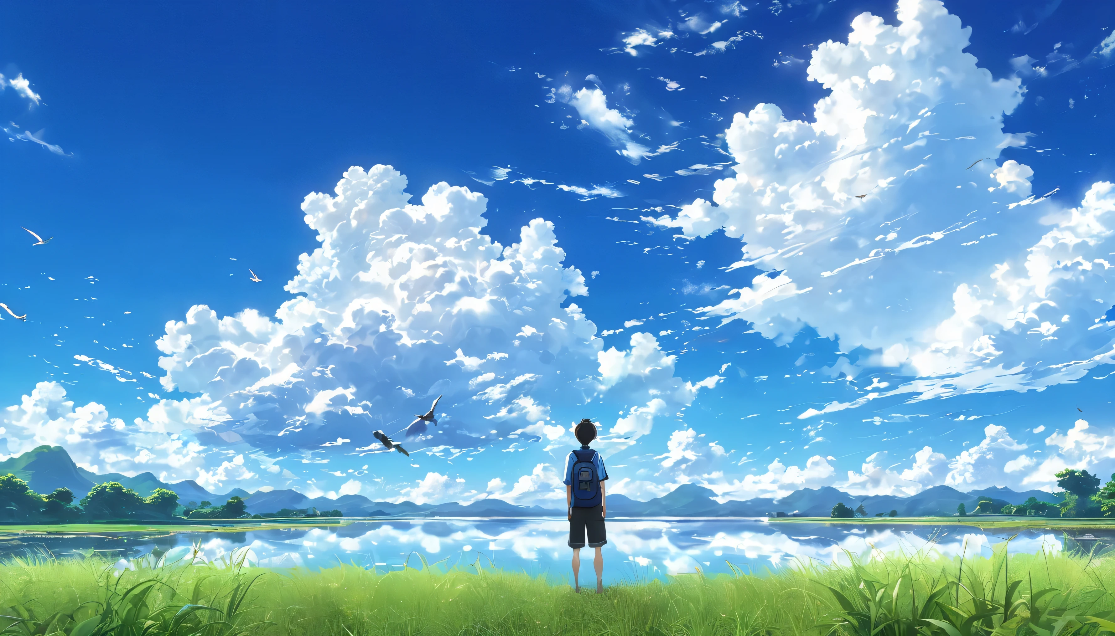 anime, anime landscape, Man watching the clouds, In the grassland, creative, Realist, White cloud, blue sky, Wonderful landscape, Man looking away from the camera, Wide Photography, Realistic grass, Flying Bird. The middle lake, The sky is reflected in the lake, student、youth、Hot summer sky、Raising his fist