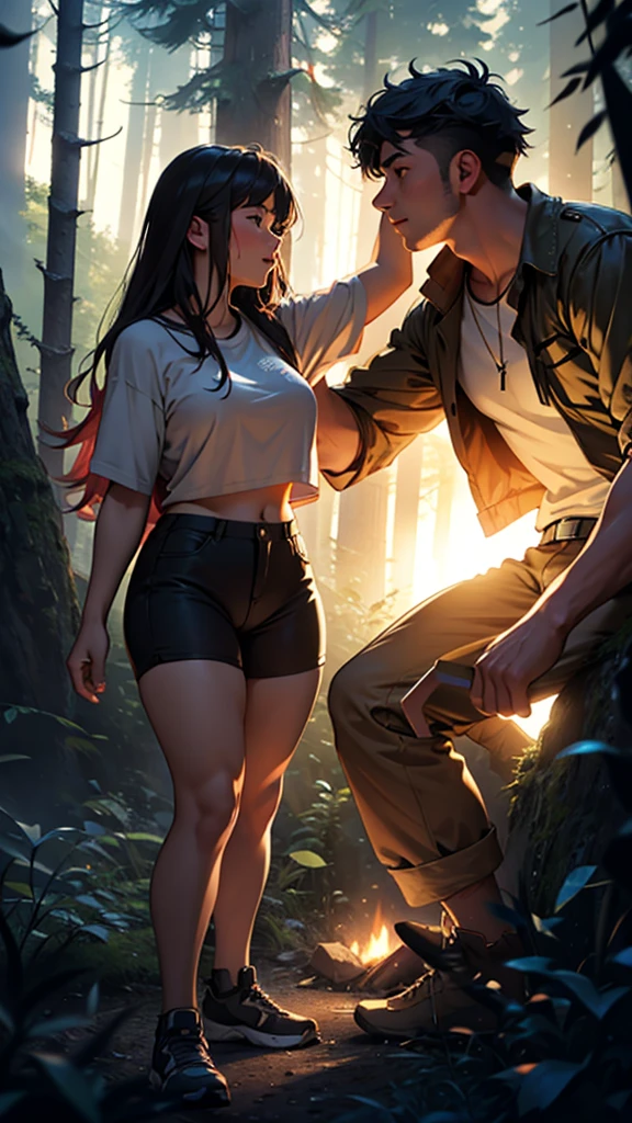 a couple at a camping drunken night party in the forest above the hills, girl wearing short clothes with big hips, detailed face and body, ultra-realistic, cinematic lighting, wide angle visible area