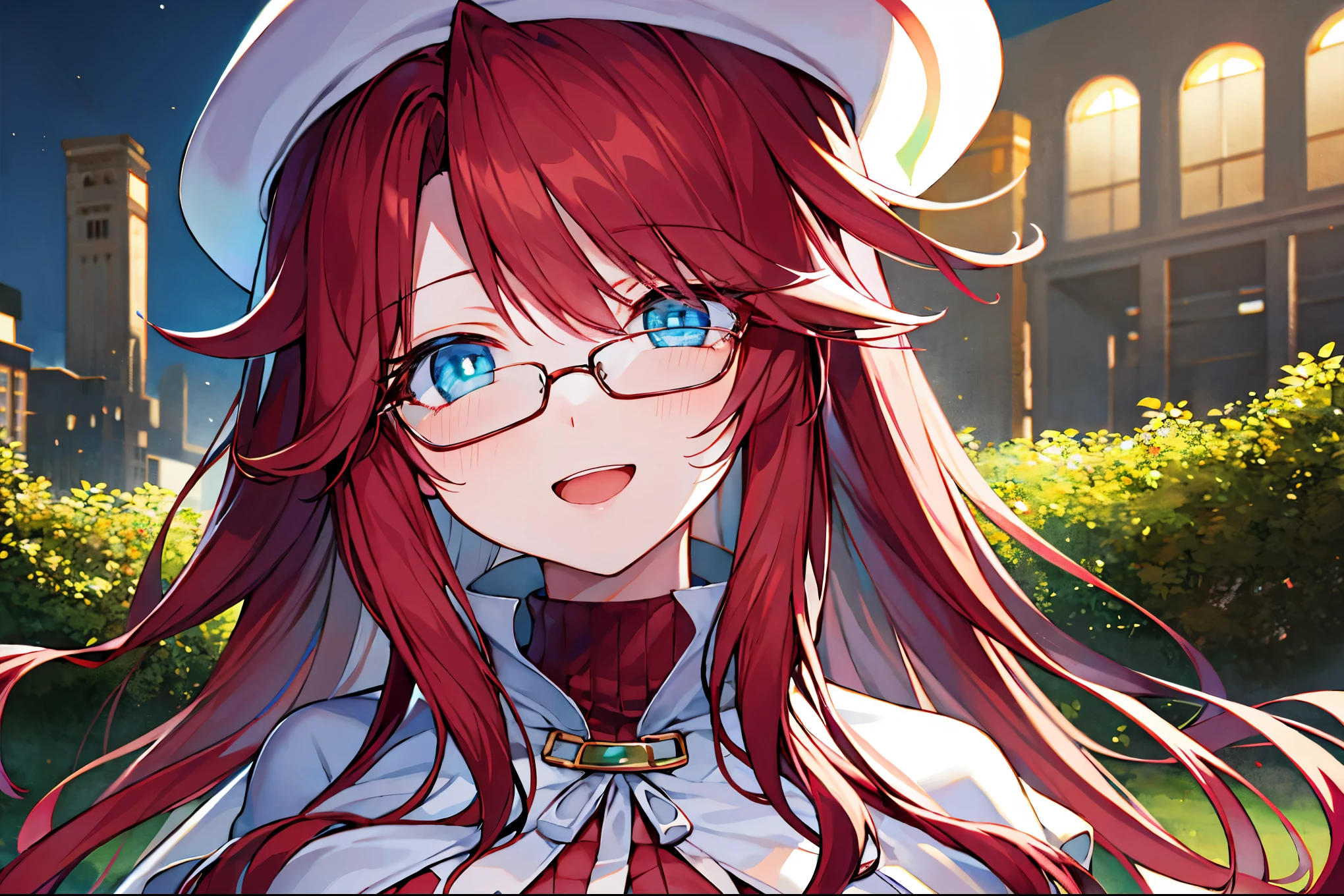 summonnightaty, aty, (young:1.3),long hair, blue eyes, red hair, big_tits, hat, glasses, BREAK long hair,, hat, dress,glasses, cape, sweater, beret,ribbed sweater,,solo, BREAK outdoors, fantasy, BREAK (masterpiece:1.2), best quality, high resolution, unity 8k wallpaper, (illustration:0.8), (beautiful detailed eyes:1.6), extremely detailed face, perfect lighting, extremely detailed CG, perfect anatomy),covered_nipples,half_eyes,sleepy_eyes,red_sweater,magical_effect,,Smile,open_mouth,solo,in_modern_town_landscape,night_sky,solo,portrait,bust up,looking_viewer
