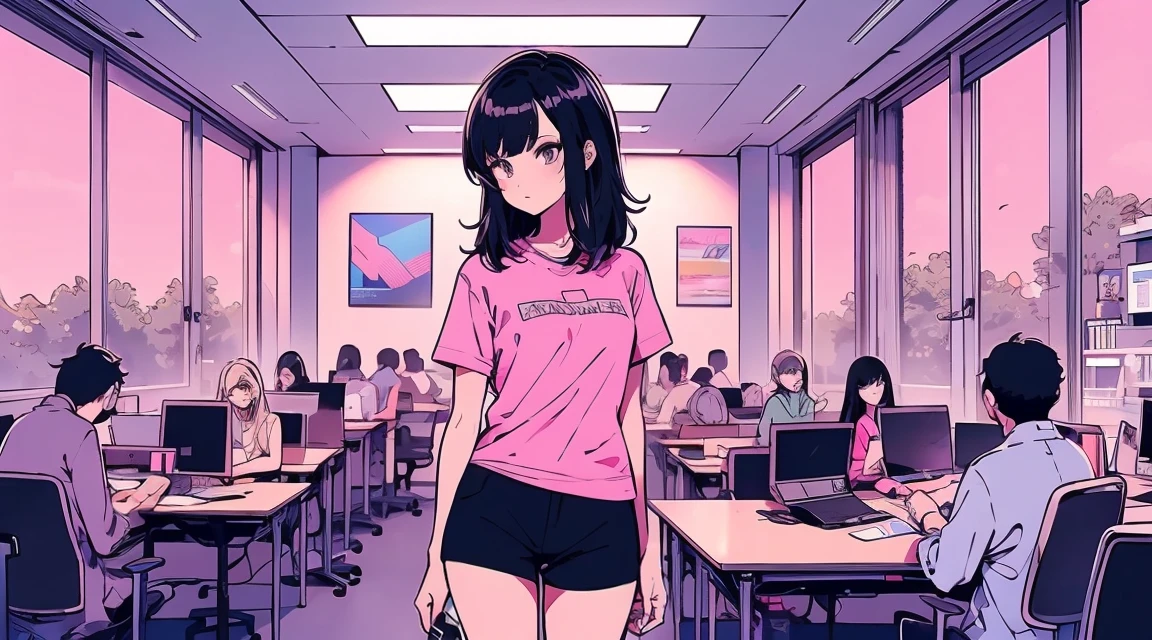 Draw an illustrated character with dark hair standing up in a casual pose. The character is wearing a light pink shirt with rolled-up sleeves, shorts, and sneakers. The background is an office setting with desks, computers, and chairs under bright natural lighting from large windows.