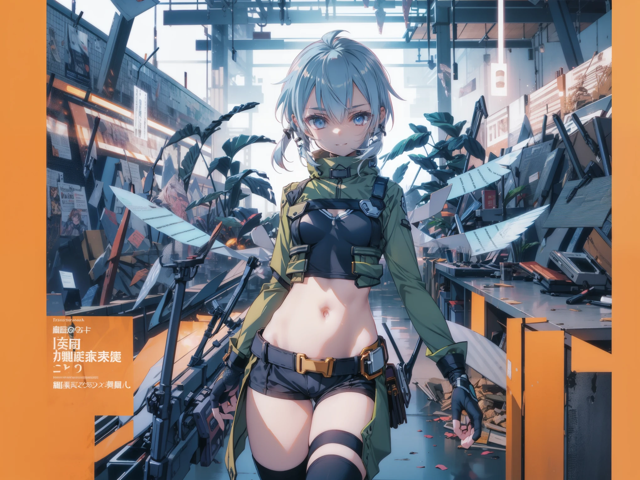 yuffiekisaragi, Yuffie Kisaragi,Haircuts, pixie cut,
壊す crop top, fingerless gloves, fishnet Thighhighs, fishnet, forehead protector, gloves, head band, belly button, short shorts, shorts, single sleeve, single thigh high, No sleeve, No sleeve turtleneck, Thighhighs, turtleneck,
bench、blue sky、smile, solo,rising_leg