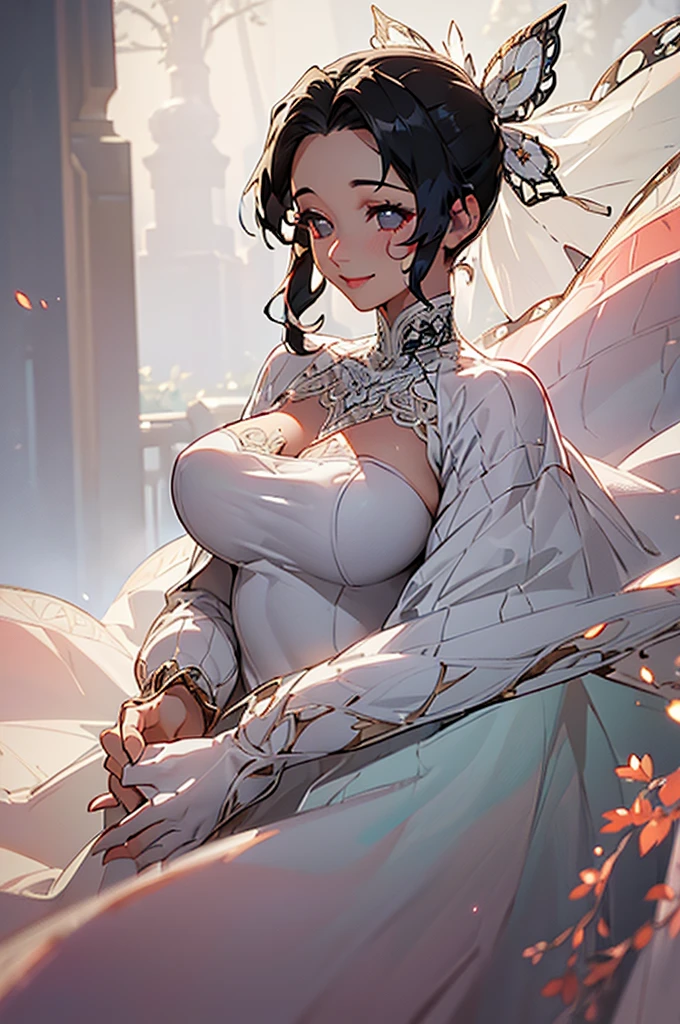 (((beautiful))), ((Wedding dress)), bouquet, Huge breasts, ((((Glowing Skin))), (((Intricate details))), High resolution, ((Intricate details, Ultra-detailed)), whole body, Are standing, Facing forward, smile, Red cheeks, Black Hair, 