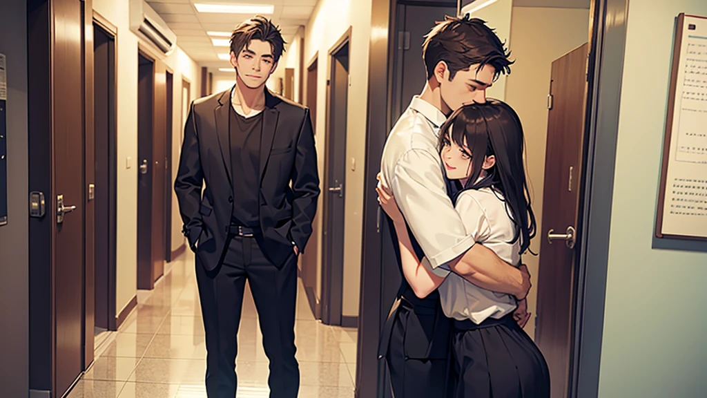 A man and a woman embracing each other at the end of a classroom hallway。looking at the camera。