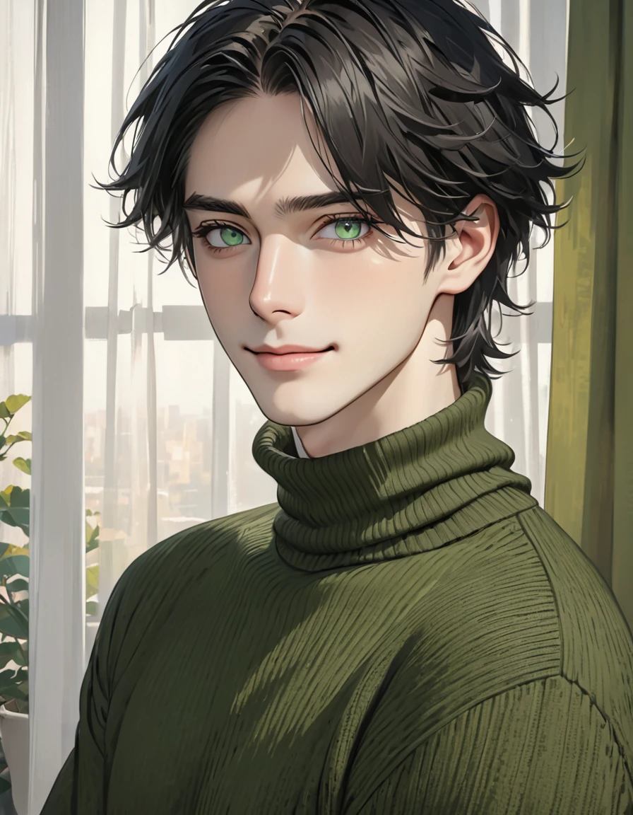 (best quality), 1boy, pale skin, black hair, medium hair, curtain hair, tousled hair, green eyes, perfect eyes, dark circles under eyes, tall, slender, handsome, strong jawline, lazy, light smile, attractive, turtleneck sweater, masterpiece, anatomically correct, highres
