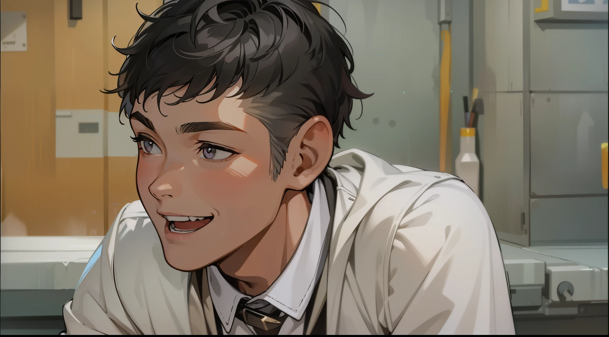 There is a handsome 18-year-old boy with short silver hair and silver eyes who is laughing at something he just heard and doesn't believe.