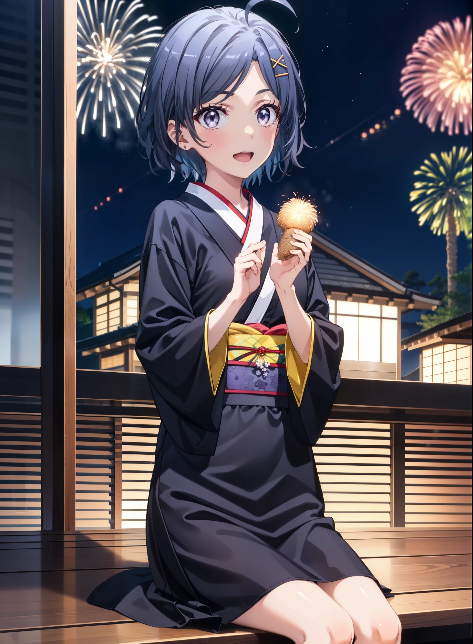 komachihikigaya, komachi hikigaya, short hair, Black Hair, hair ornaments, Ahoge, Hair Clip, x hair ornaments, (Purple eyes:1.1), tooth, smile, Open your mouth, black kimono,Black long skirt,Sandals,Sitting on a bench,Fireworks in the night sky,Fireworks,The place is a fireworks display,Time is night,sunny day,turn around,whole bodyがイラストに入るように,
break outdoors,Veranda,Japanese Garden, 
break looking at viewer,whole body,(Cowboy Shot:1. 5),
break (masterpiece:1.2), Highest quality, High resolution, unity 8k wallpaper, (figure:0.8), (Beautiful attention to detail:1.6), Highly detailed face, Perfect lighting, Highly detailed CG, (Perfect hands, Perfect Anatomy),