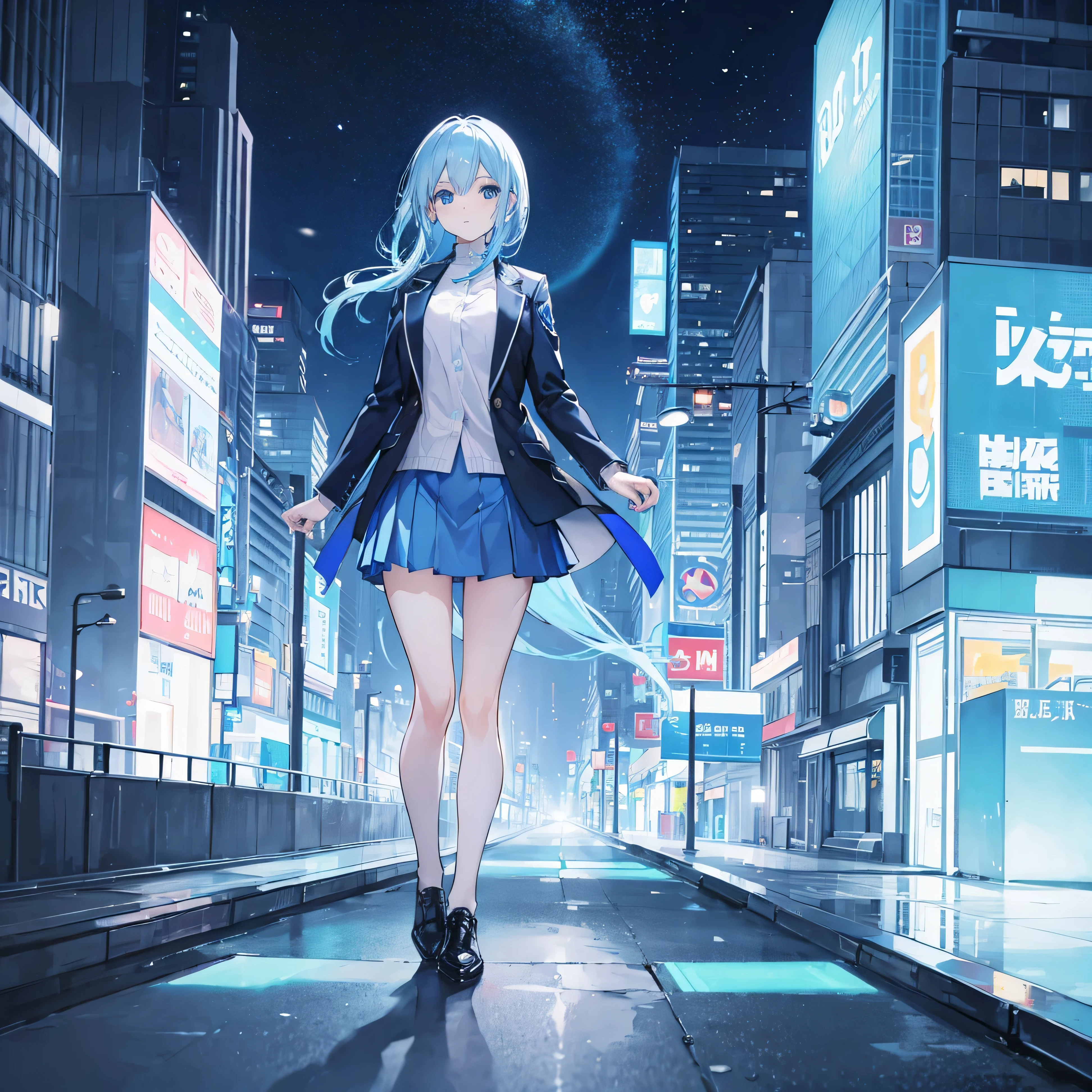 1 woman,light blue hair,blue eyes,blue clothes, looking at viewer,full body photo, night city background