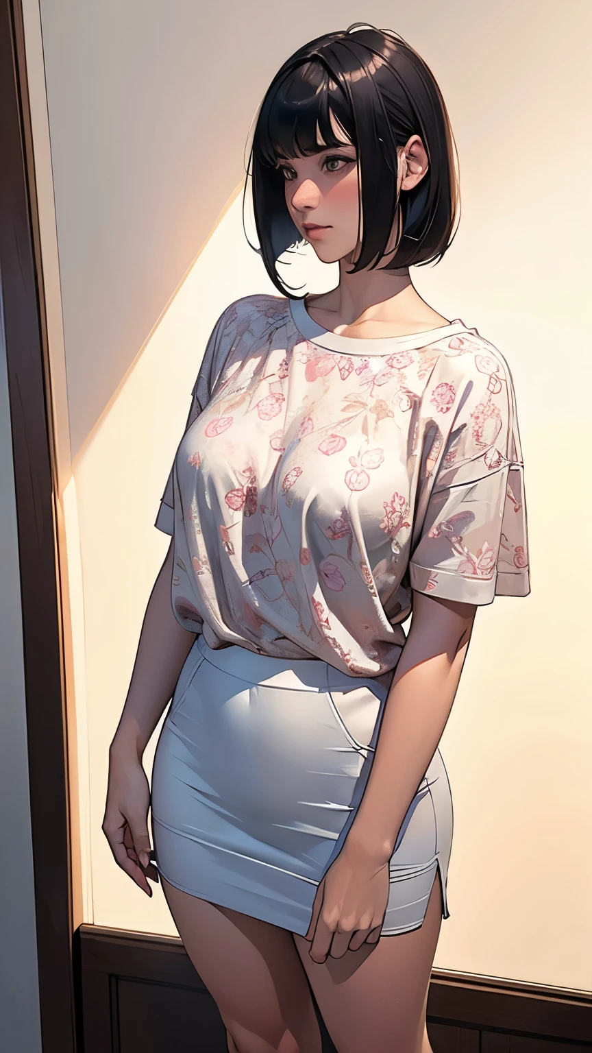 Top Quality, Masterpiece, Ultra High Definition, (Photorealistic: 1.4), (Look Off: 1.4), (Look Off: 1.4), No Look at Camera, Raw Photo, One Girl, Full Body, Dark Hair, (Straight Bobs: 1.4), (Patsun: 1.4), Bangs, Sad, Blushing, , Glossy Skin, Dramatic Lighting, Neat, T-Shirt, Floral Pattern, Emboss, White Summer Sweater, (Big: 0.9), Parks Front House, The Bra Could Be Seen Faintly Visible Through The Clothes, (Transparent Bra:0.7)