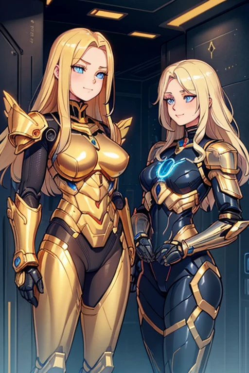 female, gold blonde long hair, blue eyes, robot, black metal body, (((1girl))), (((gold cybernetic armor with blue trim))), (gold cybernetic gauntlets), (gold cybernetic boots), (black tactical belt), (gold cybernetic wings), long legs, smiling