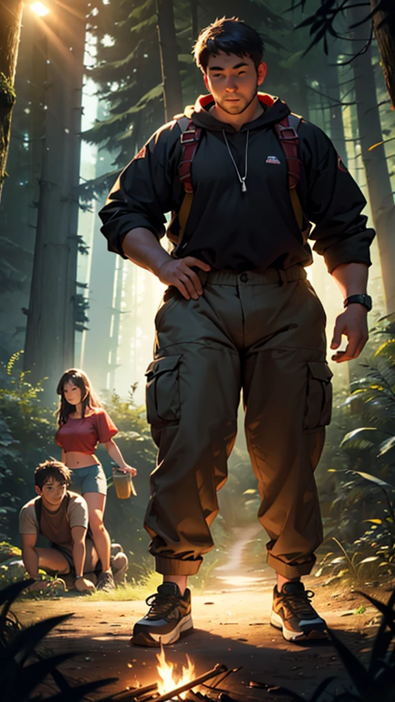 a couple at a camping drunken night party in the forest above the hills, girl wearing short clothes with big hips, detailed face and body, ultra-realistic, cinematic lighting, wide angle visible area