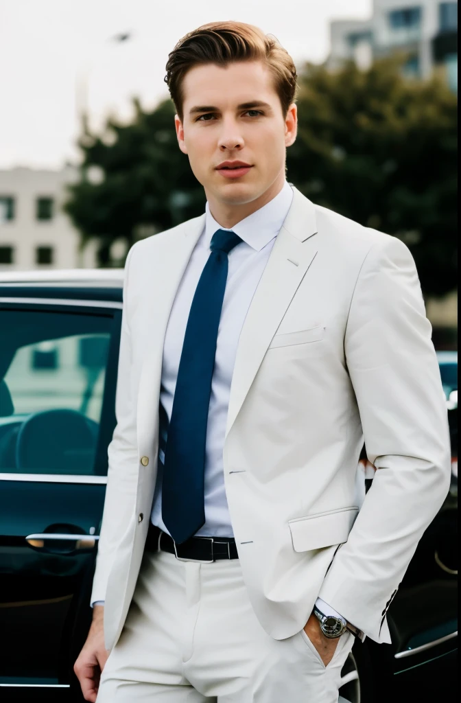 Lifestyle photography photo of a white man, Anticipate facial expressions, Business Outfit, suit, Car in the background, 