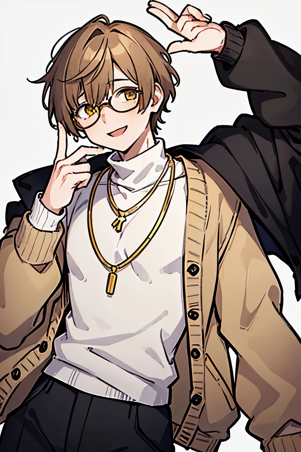 1 masculine boy, ash brown short messy hair, white beige turtleneck, yellow amber eyes, wearing an ashy brown cardigan on top of turleneck sweater, holding one hand up, simple white background, masculine, big round glasses, gold necklace, smiling, one hand holding the cardigan