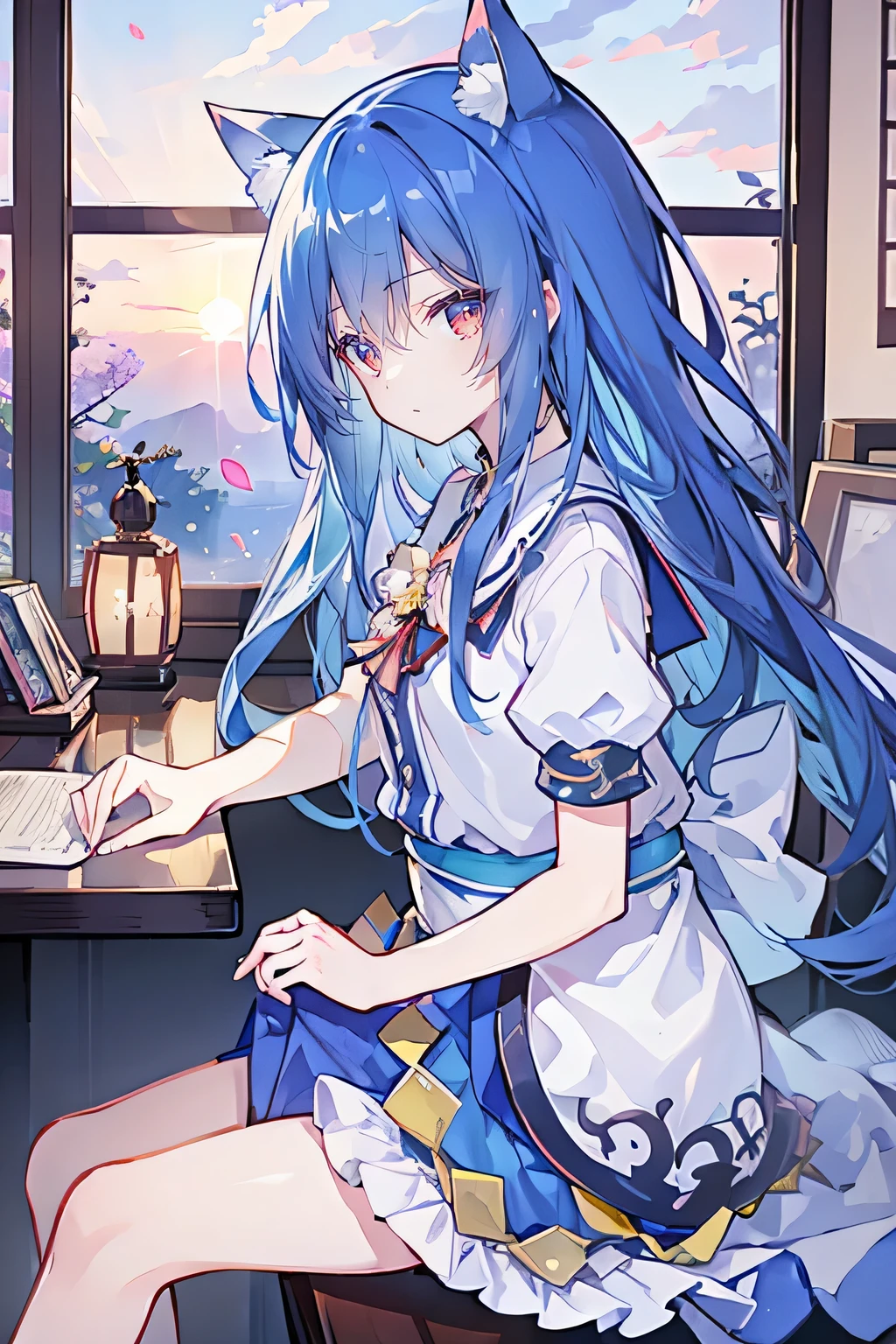 (masterpiece:1.2),Super detailed,lifelike,Expressive eyes,fair skin,perfect face shape,1 girl,
Japanese comics,Gorgeous blue hair,flowing blue hair,flowing clothes,Cat ears,Petals fall,beautiful lola,Baby Angel,
Shaking head with one hand,Cross your legs,,The pavilion is cool and comfortable,smile,back views,sunrise,Petals fall,sunrise,sitting on window sill drinking coffee and looking out the window。