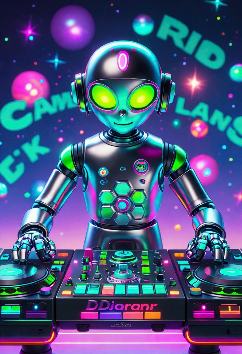 A scene depicting an unknown alien-blooded alien robot DJ spinning records in a typical cosmic nightclub. This alien robot DJ features smooth metallic components, glowing skin, an advanced holographic control panel for interacting with the crowd, and agile limbs to operate a variety of music equipment, such as turntables, mixers, and samplers. The scene is filled with typical interstellar club details, such as illuminated dance floor areas, signs written in alien script, and a range of cutting-edge sound equipment. Despite his alien robotic appearance, he still conveys excitement and commitment to the art of DJing, which are inherent qualities of a DJ. Realistic, 3D, C4D rendering, photography.