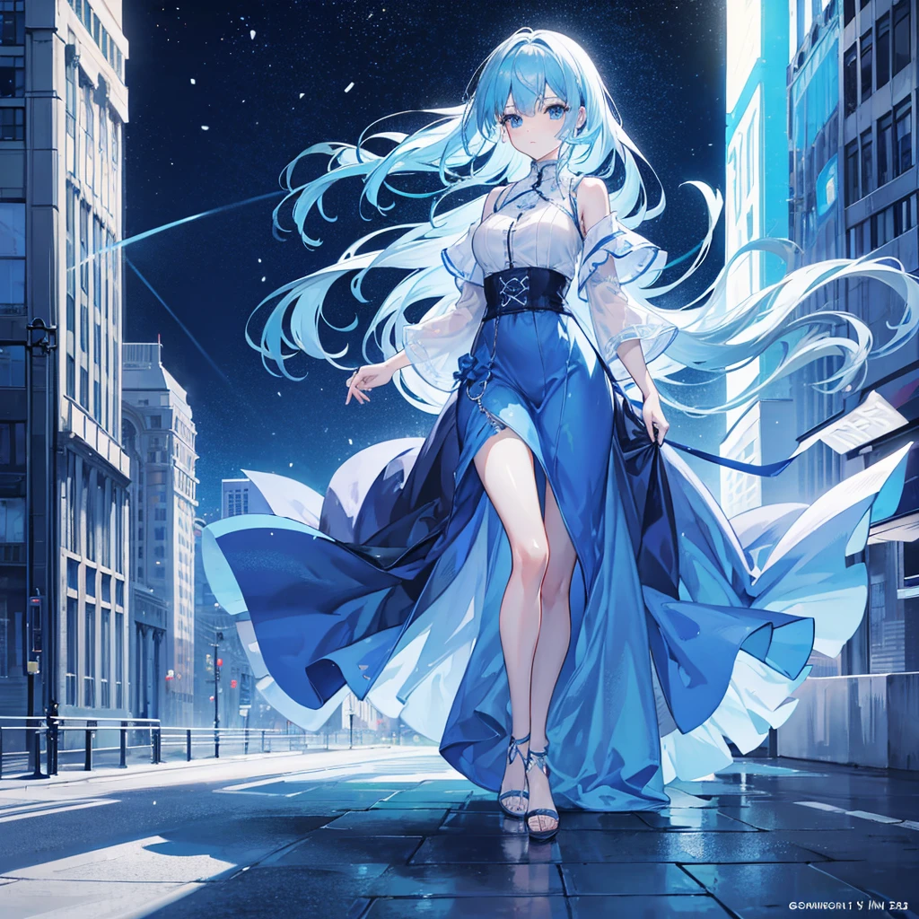 1 woman,light blue hair,blue eyes,blue clothes, looking at viewer,full body photo, night city background