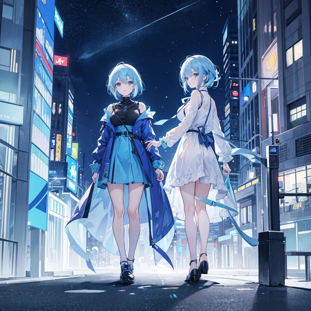 1 woman,light blue hair,blue eyes,blue clothes, looking at viewer,full body photo, night city background