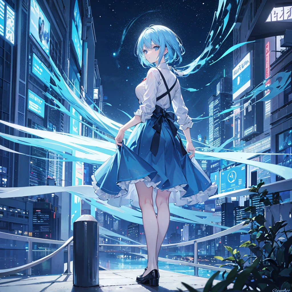 1 woman,light blue hair,blue eyes,blue clothes, looking at viewer,full body photo, night city background
