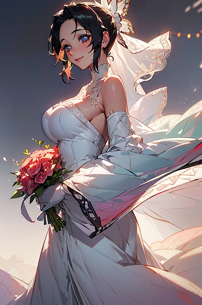 (((beautiful))), ((Wedding dress)), bouquet, Long skirt, Huge breasts, ((((Glowing Skin))), (((Intricate details))), High resolution, ((Intricate details, Ultra-detailed)), whole body, Are standing, Facing forward, smile, Red cheeks, Black Hair,