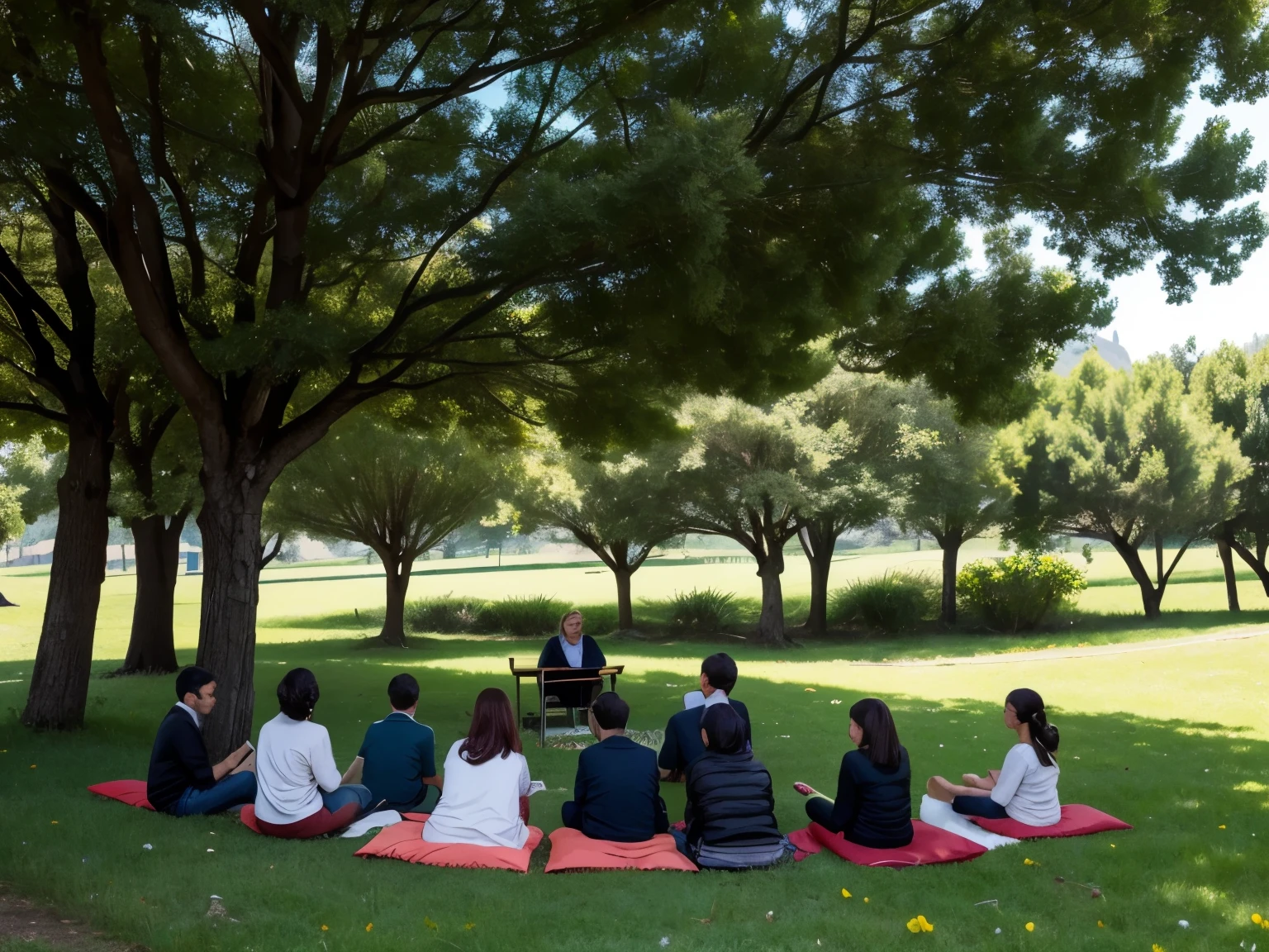 Doğada açık hava ders yapan bir grup öğrenci.
teacher ayakta durmaktadır. students, huddled together on the grass, they sit on the floor or sit on cushions. teacher, an object collected from nature (for example a leaf or flower) demonstrates and students listen carefully. There are trees and a natural landscape in the background.
Place: Green, açık hava bir park veya doğa alanı, surrounded by nature, a peaceful environment.