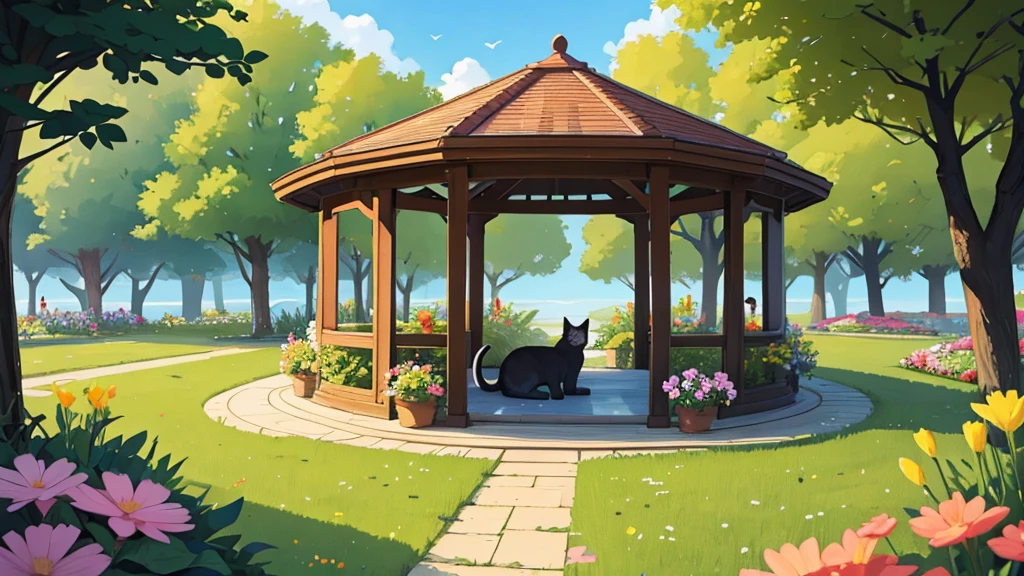 Gazebo, A lot of cats, 40 cats, in a clearing among flowers