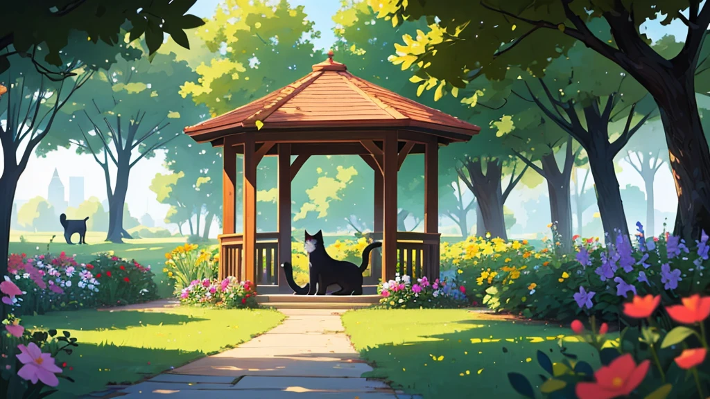 Gazebo, A lot of cats, 40 cats, in a clearing among flowers