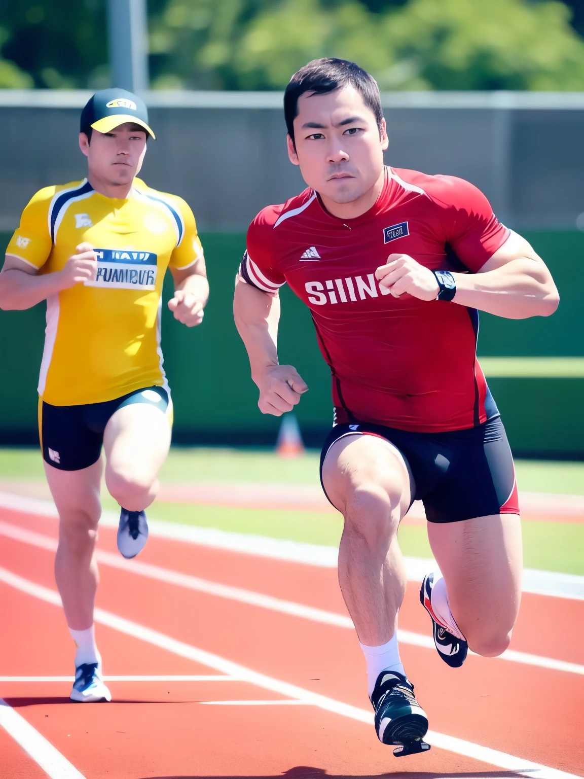 male, Sports photography, Track and field athlete, Sprint, Truck lanes, Finish Line, Audience seats, The moment of the start, Powerful ride, Red and uniform, Shorts, Running shirt, Chinese Representative, full body
