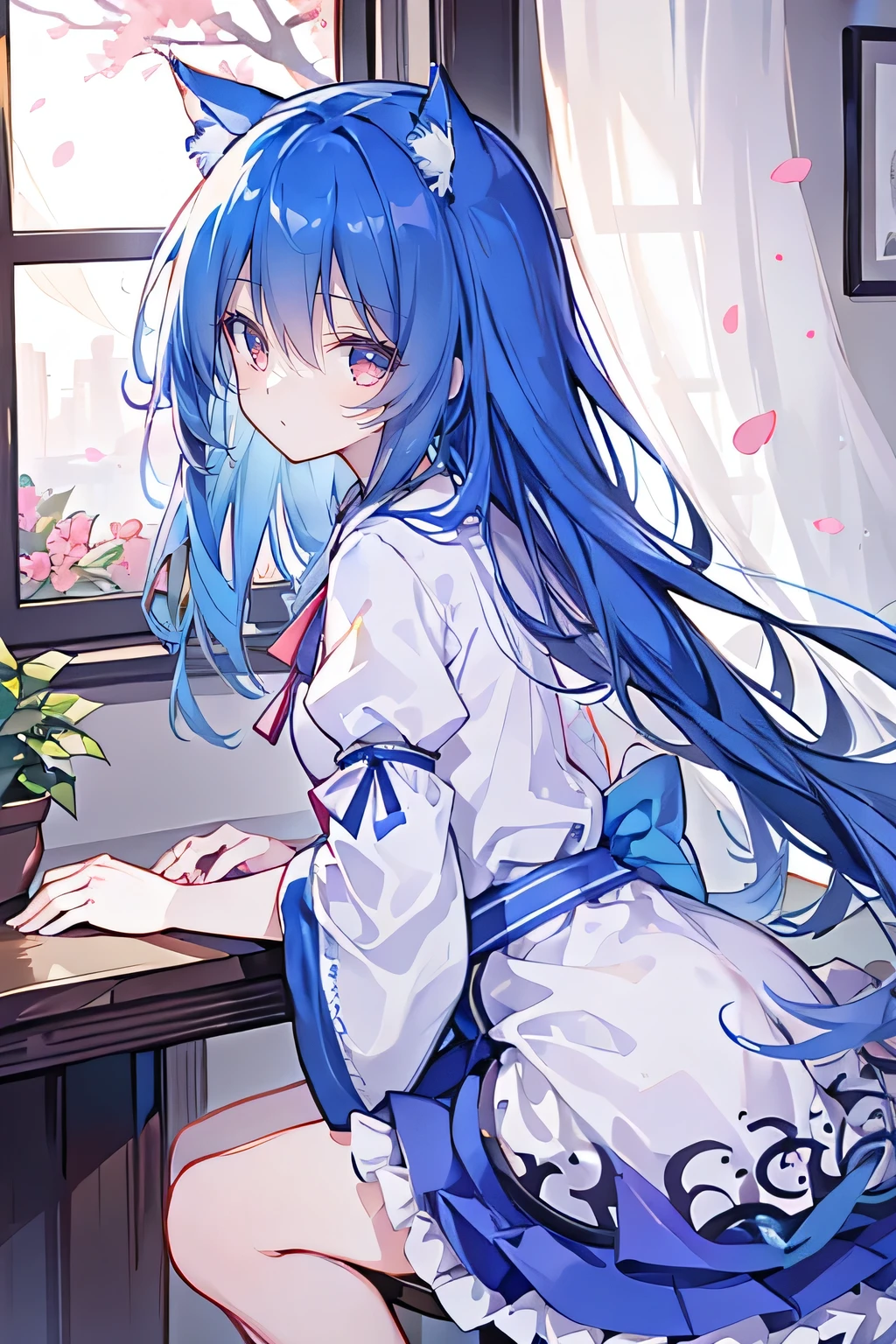 (masterpiece:1.2),Super detailed,lifelike,Expressive eyes,fair skin,perfect face shape,1 girl,
Japanese comics,Gorgeous blue hair,flowing blue hair,flowing clothes,Cat ears,Petals fall,beautiful lola,Baby Angel,
Shaking head with one hand,Cross your legs,,The pavilion is cool and comfortable,smile,back views,sunrise,Petals fall,sunrise,sitting on window sill drinking coffee and looking out the window。