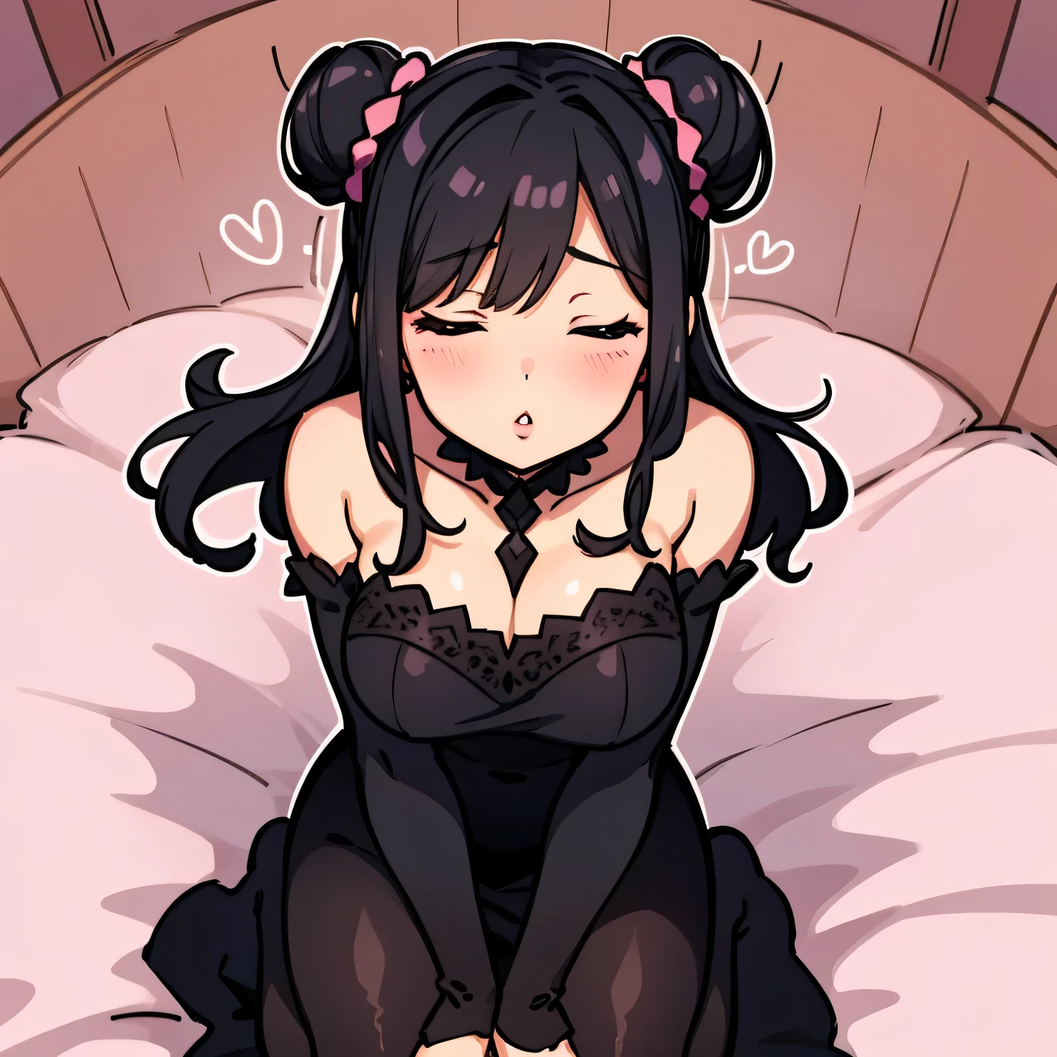 Sexy thick woman, black hair in a bun, plump face, seductive eyes, medium nose, perfect pink lips seductively parted, fairest skin, black long dress, stripping, exposing bare shoulders